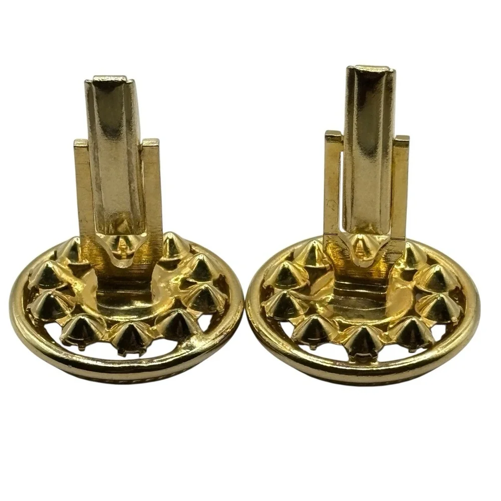 Gold Tone Rhinestone Cufflinks‎ Black Center Round Vintage Rope Twist Design MCM